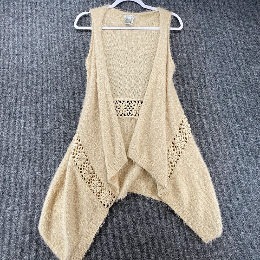 FELICITY Sweater Womens XL Beige Crochet Open Front Fairy Cottagecore Hippie 90s